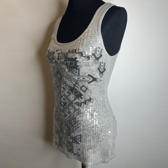 Vintage Almost Famous Sequin Tank Top Gray Y2K Womens XL Aztec Boho Ribbed Party - Picture 5 of 10